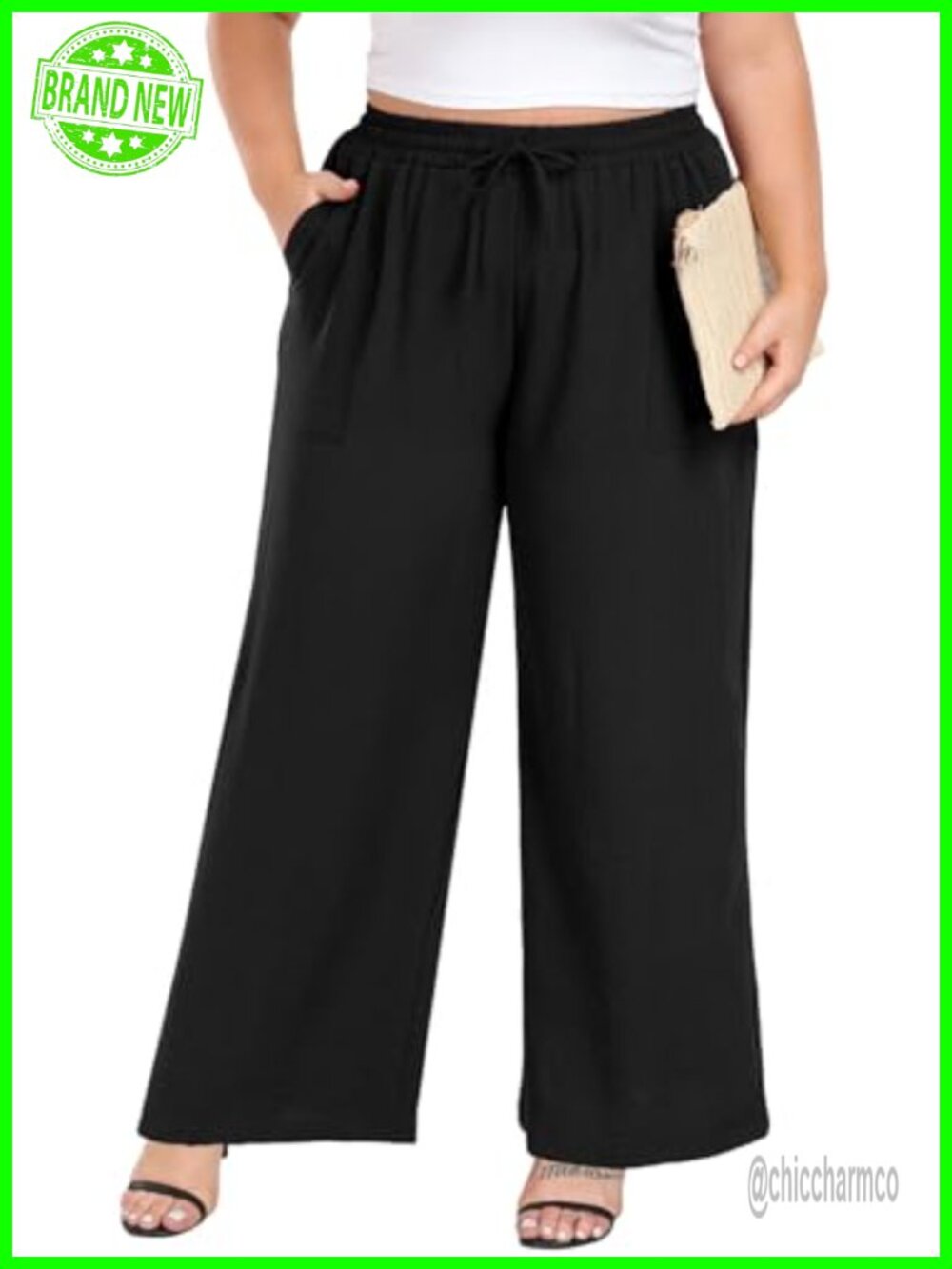 Plus Size Wide Leg Palazzo Pants High Waist Drawstring Trousers with Pockets